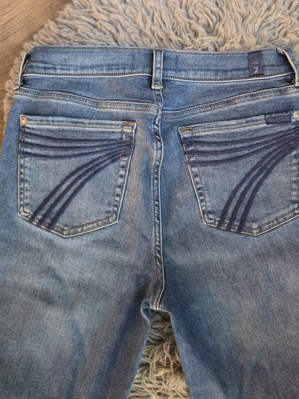 7 For All Mankind Light Blue Flare Jeans with Dark Blue Signature Stitching